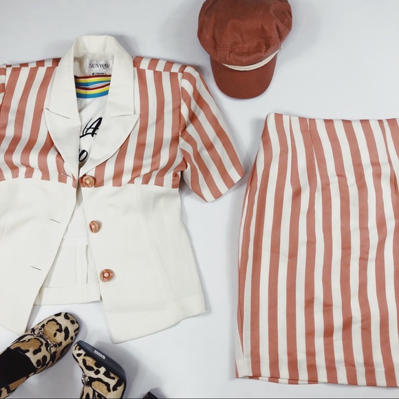 Vintage Dresses & Skirts - Vtg 90s Striped Short Sleeve Blazer Pencil Skirt S